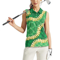 Green Palaka Hawaii Mele Kalikimaka Women Sleeveless Polo Shirt Ohia Lehua Monstera Puakenikeni Lei - Polynesian Pride