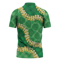 Green Palaka Hawaii Mele Kalikimaka Zipper Polo Shirt Ohia Lehua Monstera Puakenikeni Lei - Polynesian Pride