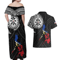 Philippines Strong Couples Matching Off Shoulder Maxi Dress and Hawaiian Shirt Filipino Map Polynesian Tattoo LT14 - Polynesian Pride