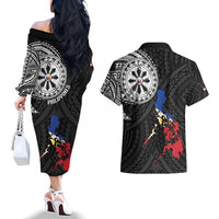 Philippines Strong Couples Matching Off The Shoulder Long Sleeve Dress and Hawaiian Shirt Filipino Map Polynesian Tattoo - Polynesian Pride