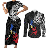 Philippines Strong Couples Matching Short Sleeve Bodycon Dress and Long Sleeve Button Shirt Filipino Map Polynesian Tattoo LT14 Black - Polynesian Pride