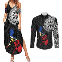 Philippines Strong Couples Matching Summer Maxi Dress and Long Sleeve Button Shirt Filipino Map Polynesian Tattoo LT14 Black - Polynesian Pride