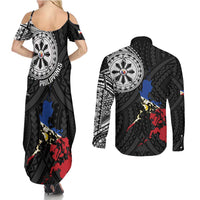 Philippines Strong Couples Matching Summer Maxi Dress and Long Sleeve Button Shirt Filipino Map Polynesian Tattoo LT14 - Polynesian Pride