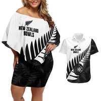New Zealand Lawn Bowls Custom Couples Matching Off Shoulder Short Dress and Hawaiian Shirt Aotearoa Silver Fern - Polynesian Pride