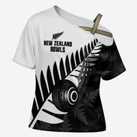 New Zealand Lawn Bowls Custom Cross Shoulder Shirt Aotearoa Silver Fern LT14 Female Black - Polynesian Pride