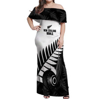 New Zealand Lawn Bowls Custom Off Shoulder Maxi Dress Aotearoa Silver Fern LT14 Women Black - Polynesian Pride