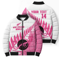 New Zealand Lawn Bowls Breast Cancer Custom Bomber Puffer Jacket Aotearoa Maori Silver Fern Pink Ribbon - Polynesian Pride