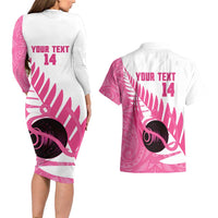 New Zealand Lawn Bowls Breast Cancer Custom Couples Matching Long Sleeve Bodycon Dress and Hawaiian Shirt Aotearoa Maori Silver Fern Pink Ribbon - Polynesian Pride