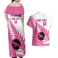 New Zealand Lawn Bowls Breast Cancer Custom Couples Matching Off Shoulder Maxi Dress and Hawaiian Shirt Aotearoa Maori Silver Fern Pink Ribbon - Polynesian Pride