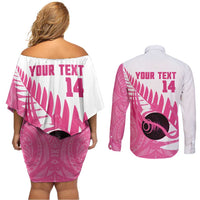 New Zealand Lawn Bowls Breast Cancer Custom Couples Matching Off Shoulder Short Dress and Long Sleeve Button Shirt Aotearoa Maori Silver Fern Pink Ribbon - Polynesian Pride