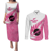 New Zealand Lawn Bowls Breast Cancer Custom Couples Matching Puletasi and Long Sleeve Button Shirt Aotearoa Maori Silver Fern Pink Ribbon - Polynesian Pride