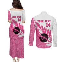 New Zealand Lawn Bowls Breast Cancer Custom Couples Matching Puletasi and Long Sleeve Button Shirt Aotearoa Maori Silver Fern Pink Ribbon - Polynesian Pride