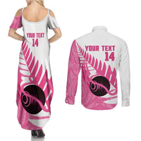 New Zealand Lawn Bowls Breast Cancer Custom Couples Matching Summer Maxi Dress and Long Sleeve Button Shirt Aotearoa Maori Silver Fern Pink Ribbon - Polynesian Pride