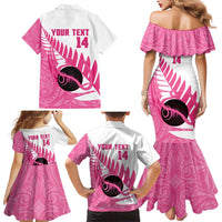 New Zealand Lawn Bowls Breast Cancer Custom Family Matching Mermaid Dress and Hawaiian Shirt Aotearoa Maori Silver Fern Pink Ribbon - Polynesian Pride