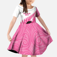 New Zealand Lawn Bowls Breast Cancer Custom Family Matching Off The Shoulder Long Sleeve Dress and Hawaiian Shirt Aotearoa Maori Silver Fern Pink Ribbon - Polynesian Pride