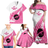 New Zealand Lawn Bowls Breast Cancer Custom Family Matching Off Shoulder Maxi Dress and Hawaiian Shirt Aotearoa Maori Silver Fern Pink Ribbon - Polynesian Pride