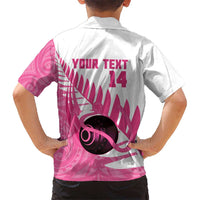 New Zealand Lawn Bowls Breast Cancer Custom Family Matching Off Shoulder Short Dress and Hawaiian Shirt Aotearoa Maori Silver Fern Pink Ribbon - Polynesian Pride