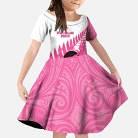 New Zealand Lawn Bowls Breast Cancer Custom Family Matching Short Sleeve Bodycon Dress and Hawaiian Shirt Aotearoa Maori Silver Fern Pink Ribbon - Polynesian Pride