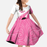 New Zealand Lawn Bowls Breast Cancer Custom Kid Short Sleeve Dress Aotearoa Maori Silver Fern Pink Ribbon - Polynesian Pride