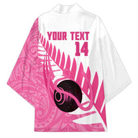 New Zealand Lawn Bowls Breast Cancer Custom Kimono Aotearoa Maori Silver Fern Pink Ribbon - Polynesian Pride