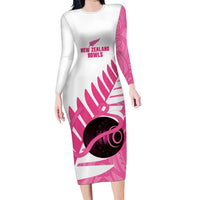 New Zealand Lawn Bowls Breast Cancer Custom Long Sleeve Bodycon Dress Aotearoa Maori Silver Fern Pink Ribbon - Polynesian Pride