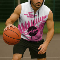 New Zealand Lawn Bowls Breast Cancer Custom Sleeveless Zip Hoodie Aotearoa Maori Silver Fern Pink Ribbon - Polynesian Pride