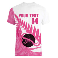 New Zealand Lawn Bowls Breast Cancer Custom Women V-Neck T-Shirt Aotearoa Maori Silver Fern Pink Ribbon - Polynesian Pride