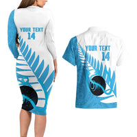 New Zealand Lawn Bowls Prostate Cancer Custom Couples Matching Long Sleeve Bodycon Dress and Hawaiian Shirt Aotearoa Maori Silver Fern Blue Ribbon - Polynesian Pride