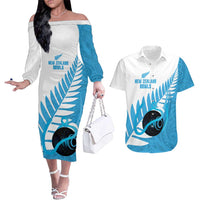 New Zealand Lawn Bowls Prostate Cancer Custom Couples Matching Off The Shoulder Long Sleeve Dress and Hawaiian Shirt Aotearoa Maori Silver Fern Blue Ribbon - Polynesian Pride