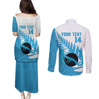 New Zealand Lawn Bowls Prostate Cancer Custom Couples Matching Puletasi and Long Sleeve Button Shirt Aotearoa Maori Silver Fern Blue Ribbon - Polynesian Pride