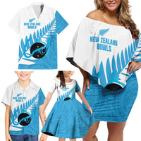 New Zealand Lawn Bowls Prostate Cancer Custom Family Matching Off Shoulder Short Dress and Hawaiian Shirt Aotearoa Maori Silver Fern Blue Ribbon - Polynesian Pride