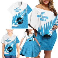 New Zealand Lawn Bowls Prostate Cancer Custom Family Matching Off Shoulder Short Dress and Hawaiian Shirt Aotearoa Maori Silver Fern Blue Ribbon - Polynesian Pride