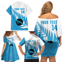 New Zealand Lawn Bowls Prostate Cancer Custom Family Matching Off Shoulder Short Dress and Hawaiian Shirt Aotearoa Maori Silver Fern Blue Ribbon - Polynesian Pride
