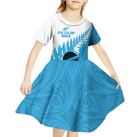 New Zealand Lawn Bowls Prostate Cancer Custom Kid Short Sleeve Dress Aotearoa Maori Silver Fern Blue Ribbon - Polynesian Pride