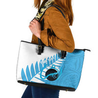 New Zealand Lawn Bowls Prostate Cancer Custom Leather Tote Bag Aotearoa Maori Silver Fern Blue Ribbon - Polynesian Pride