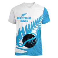 New Zealand Lawn Bowls Prostate Cancer Custom Women V-Neck T-Shirt Aotearoa Maori Silver Fern Blue Ribbon - Polynesian Pride