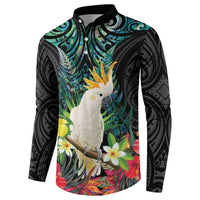 Sulphur-crested Cockatoo New Zealand Button Sweatshirt Paua Shell Aotearoa Maori Tropical Flowers - Polynesian Pride