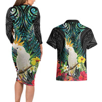 Sulphur-crested Cockatoo New Zealand Couples Matching Long Sleeve Bodycon Dress and Hawaiian Shirt Paua Shell Aotearoa Maori Tropical Flowers - Polynesian Pride