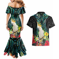 Sulphur-crested Cockatoo New Zealand Couples Matching Mermaid Dress and Hawaiian Shirt Paua Shell Aotearoa Maori Tropical Flowers - Polynesian Pride