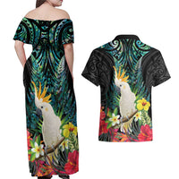 Sulphur-crested Cockatoo New Zealand Couples Matching Off Shoulder Maxi Dress and Hawaiian Shirt Paua Shell Aotearoa Maori Tropical Flowers - Polynesian Pride