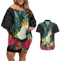 Sulphur-crested Cockatoo New Zealand Couples Matching Off Shoulder Short Dress and Hawaiian Shirt Paua Shell Aotearoa Maori Tropical Flowers - Polynesian Pride