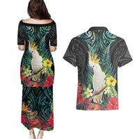 Sulphur-crested Cockatoo New Zealand Couples Matching Puletasi and Hawaiian Shirt Paua Shell Aotearoa Maori Tropical Flowers - Polynesian Pride