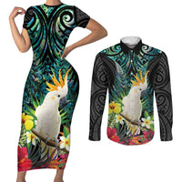 Sulphur-crested Cockatoo New Zealand Couples Matching Short Sleeve Bodycon Dress and Long Sleeve Button Shirt Paua Shell Aotearoa Maori Tropical Flowers - Polynesian Pride