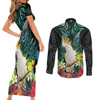 Sulphur-crested Cockatoo New Zealand Couples Matching Short Sleeve Bodycon Dress and Long Sleeve Button Shirt Paua Shell Aotearoa Maori Tropical Flowers - Polynesian Pride
