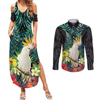 Sulphur-crested Cockatoo New Zealand Couples Matching Summer Maxi Dress and Long Sleeve Button Shirt Paua Shell Aotearoa Maori Tropical Flowers - Polynesian Pride