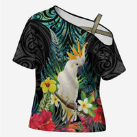 Sulphur-crested Cockatoo New Zealand Cross Shoulder Shirt Paua Shell Aotearoa Maori Tropical Flowers - Polynesian Pride