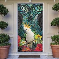Sulphur-crested Cockatoo New Zealand Door Cover Paua Shell Aotearoa Maori Tropical Flowers - Polynesian Pride