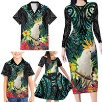 Sulphur-crested Cockatoo New Zealand Family Matching Long Sleeve Bodycon Dress and Hawaiian Shirt Paua Shell Aotearoa Maori Tropical Flowers - Polynesian Pride