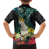 Sulphur-crested Cockatoo New Zealand Family Matching Off Shoulder Maxi Dress and Hawaiian Shirt Paua Shell Aotearoa Maori Tropical Flowers - Polynesian Pride