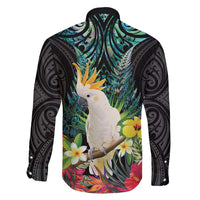 Sulphur-crested Cockatoo New Zealand Family Matching Off Shoulder Short Dress and Hawaiian Shirt Paua Shell Aotearoa Maori Tropical Flowers - Polynesian Pride